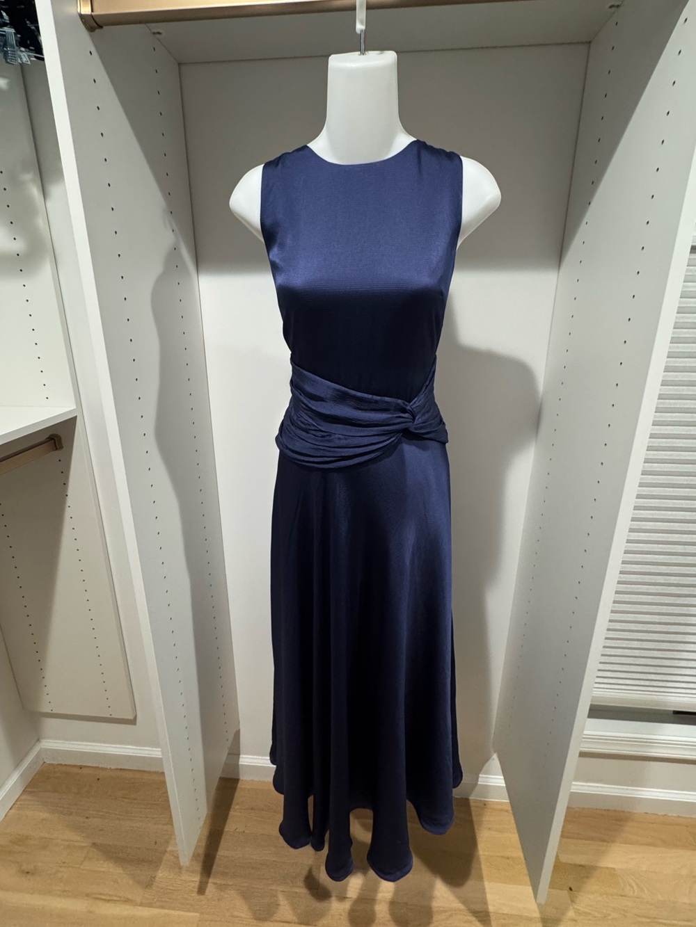 Tanya Taylor Navy Blue Satin Maxi Dress with Draped Waist